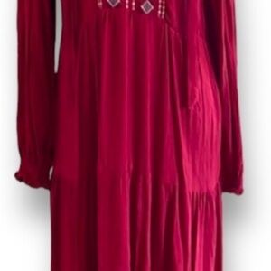 Burgundy Red Knox Rose Long Sleeve Embroidered Midi Dress SZ XL